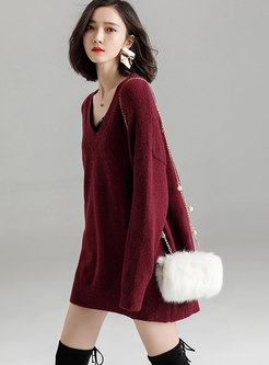 Wine Red V-neck Long Sleeve Bottoming Knitted Mini Dress