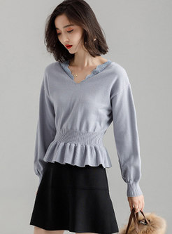 Casual Daily V-neck All-matched Sweater With Ruffled Hem