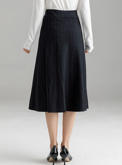 Black High Waist Knitted Pleated Midi Autumn Skirt