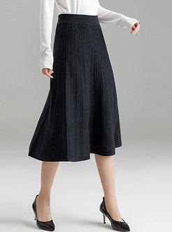 Black High Waist Knitted Pleated Midi Autumn Skirt