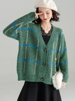 Green Easy-matching Knitted Buttoned Sweater
