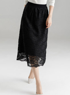 Black High Waist Lace Stitching Midi Skirt