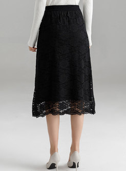 Black High Waist Lace Stitching Midi Skirt