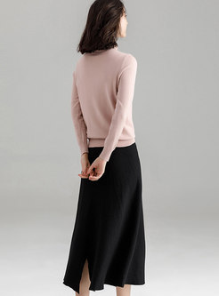 Casual Pure Color Elastic Waist Knitted Skirt 