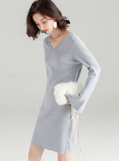 Casual V-neck Flare Sleeve Mini Knitted Dress