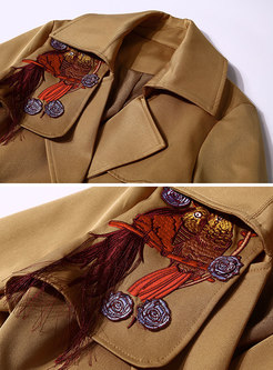Elegant Khaki Flare Sleeve Embroidered Belted Trench Coat