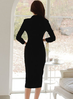 Trendy Black Belted Single-breasted Split Sheath Dress