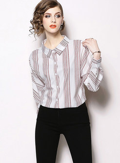 Turn Down Collar Single-breasted Striped Blouse