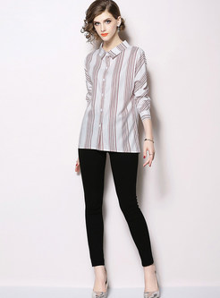 Turn Down Collar Single-breasted Striped Blouse