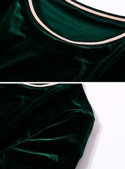 Color-blocked Tied-waist Velvet Skater Dress