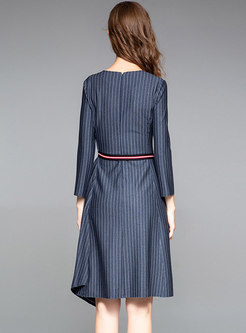 Striped V-neck Tied-waist Asymmetric Slit Dress