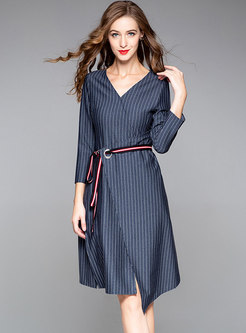 Striped V-neck Tied-waist Asymmetric Slit Dress