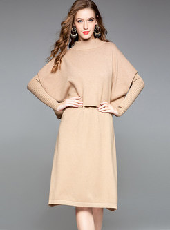Solid Color Slim Knitted Dress & Bat Sleeve Loose Knitted Top