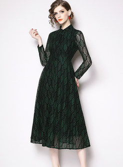 Fashion Single-breasted Waist Hollow Out Lace Dress