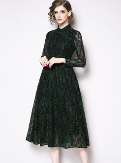 Fashion Single-breasted Waist Hollow Out Lace Dress