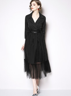 Notched Three Quarters Sleeve Striped Patchwork Mesh Dress