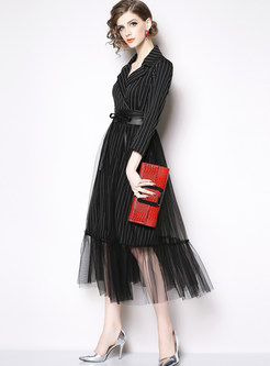 Notched Three Quarters Sleeve Striped Patchwork Mesh Dress