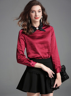 Fashion Color-blocked Bowknot Pullover Blouse