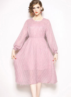 Fashion Lantern Sleeve Solid Color Waist Pleated Dress