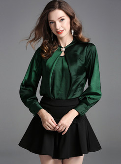 Style Hollow Out Pleated Long Sleeve Slim Blouse
