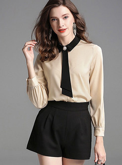 Color-blocked Turn Down Collar Tied Slim Blouse