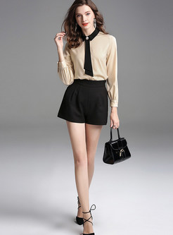 Color-blocked Turn Down Collar Tied Slim Blouse