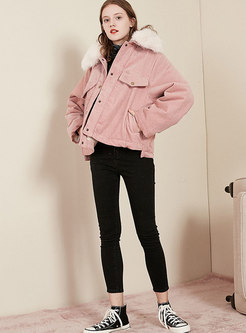 Pink Corduroy Fur Collar Single-breasted Short Coat