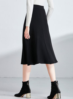 Brief Black High Waist Knitted A Line Skirt