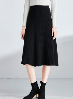 Brief Black High Waist Knitted A Line Skirt