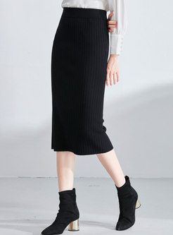 Brief Black High Waist Slit Knitted Bodycon Skirt