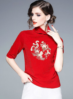 Chic High Neck Embroidered Half Sleeve Knitted Top