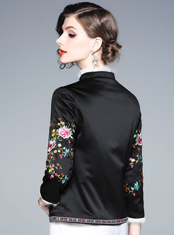 Black Fur Collar Embroidered Slim Thick Coat