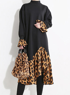 Standing Collar Loose Splicing Leopard Irregular Dress
