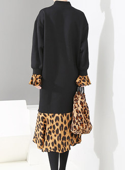 Standing Collar Loose Splicing Leopard Irregular Dress