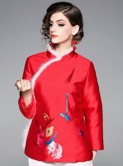 Stand Collar Embroidered Slim Thick Coat