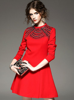 Elegant Red Stand Collar Drilling Skater Dress
