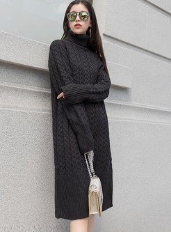 Black High Neck Loose Knee-length Knitted Dress
