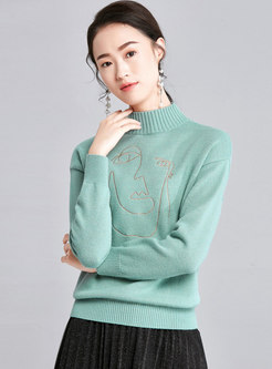 Casual Half Turtle Neck Embroidered Knitted Sweater