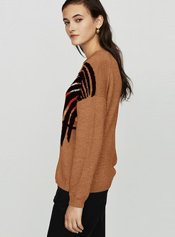 O-neck Feather Print Pullover Easy-matching Sweater