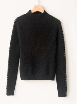 Brief Solid Color O-neck Rivet Slim Sweater