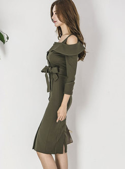Winter Army Green Off Shoulder Tie-waist Wrap Bodycon Dress