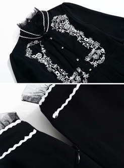 Chic Splicing Embroidered Stand Collar Waist Pleated Dress