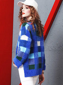 Style Color-blocked Plaid Irregular Sweater
