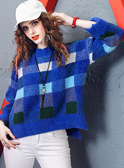 Style Color-blocked Plaid Irregular Sweater
