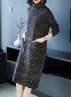 Brief Loose High Neck Long Sleeve Knitted Dress