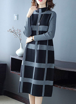 Color-blocked Plaid Plus Size Knitted Mid-claf Dress