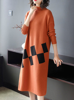 Half High Neck Geometric Pattern Loose Knitted Dress