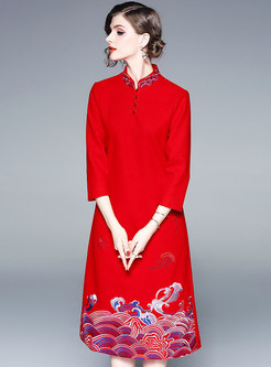 Vintage Embroidered Mandarin Collar Loose Woolen Dress