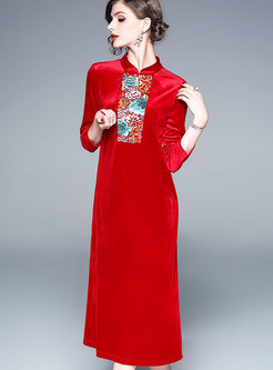 Velvet Stand Collar Embroidery Slim Maxi Dress
