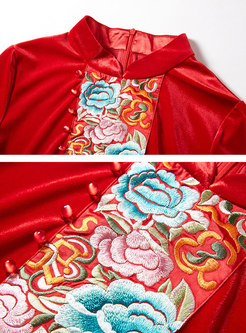 Velvet Stand Collar Embroidery Slim Maxi Dress